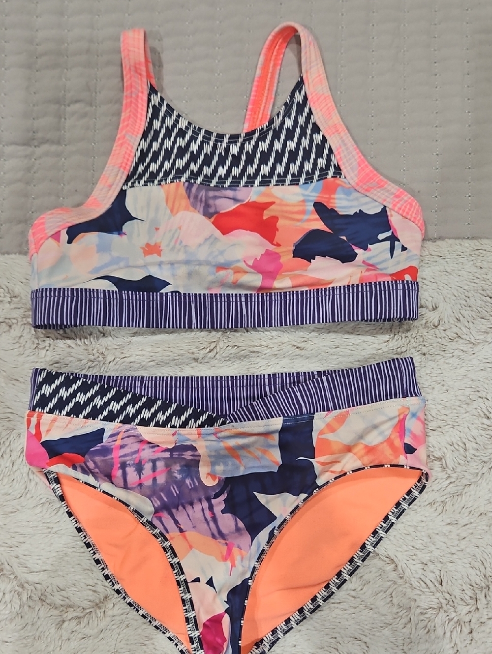 Athleta Girls Floral Multicolor Two-Piece Swim Set - Navy, Pink, Coral